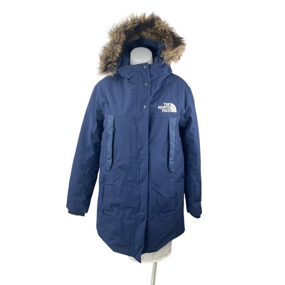 The North Face New Outer Boroughs Blue Faux Fur Hooded Parka Coat Jacket Size M